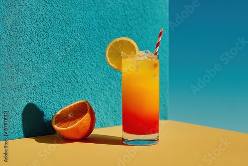 Vibrant tequila sunrise cocktail stands on a colorful backdrop with a lemon slice, accompanied by half an orange, creating a refreshing summer scene