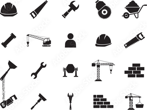 Construction Tools and Building Equipment Icon Set in Silhouette