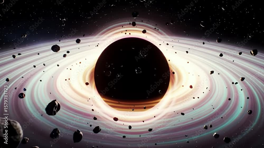 Pixelated Black Hole Surrounded By Swirling Light And Dark Asteroids With Retro Video Game Style Art