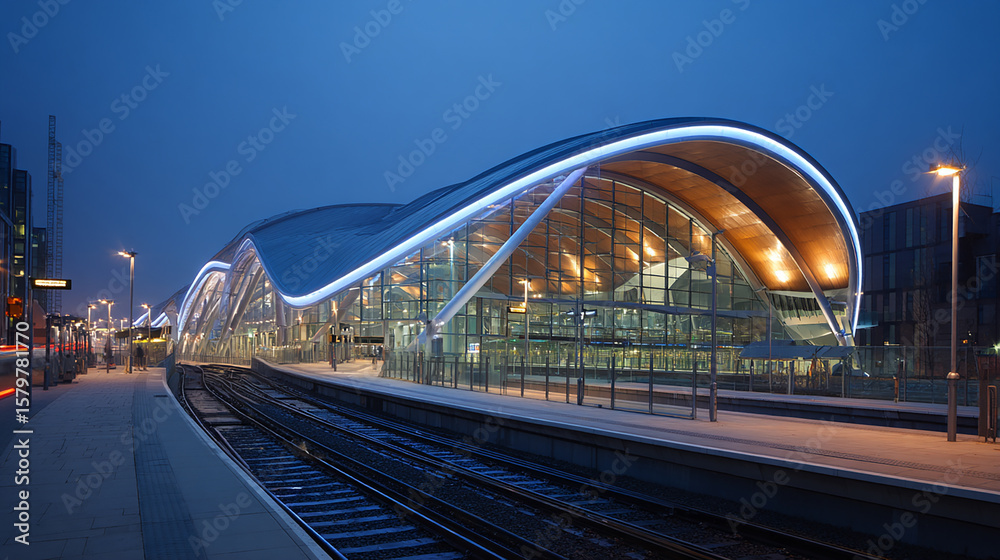 Fototapeta premium Modern Railway Station at Blue Hour