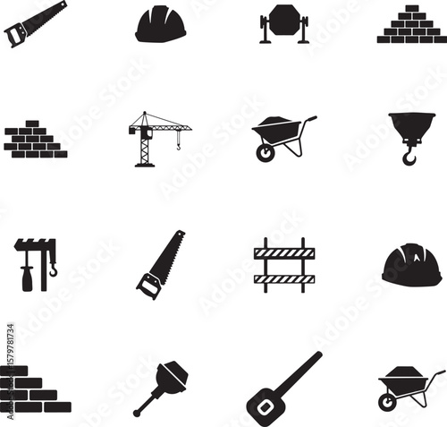 Construction Tools and Building Equipment Icon Set in Silhouette
