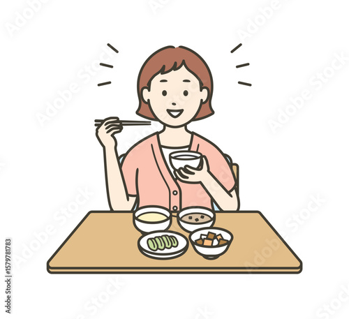 健康的な食事をする半袖の服を着た笑顔の若い女性のイラスト
