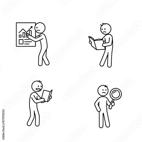 Stick figures show concern while analyzing data, reading books, and examining with a magnifying glass.