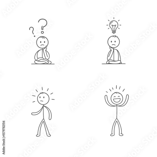 Four simple line drawings depict the problem-solving process: confusion, idea generation, sudden insight, and joyful success.  These minimalist stick figures illustrate stages of creative thinking,