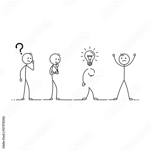 A sequence of stick figures illustrates the creative process, from initial confusion and contemplation to a sudden burst of inspiration and triumphant celebration.