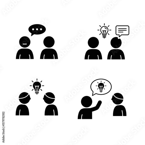 A set of black and white vector illustrations depicting communication, ideas, and brainstorming between two people, showcasing different stages of a collaborative process.