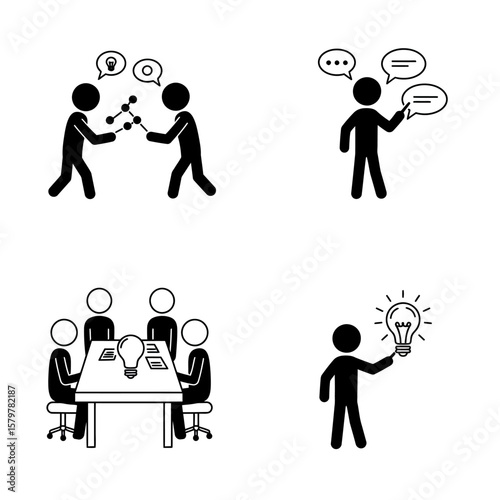 Four simple pictogram illustrations depict brainstorming, communication, teamwork, and idea generation, ideal for presentations or business projects needing visual aids for collaboration, innovation,