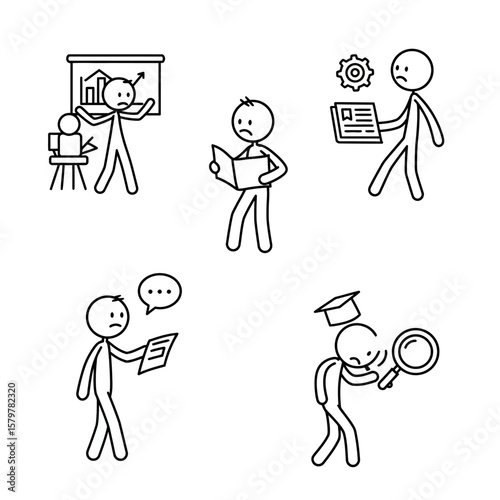 Collection of five stick figures depicting various scenarios of stress and anxiety, including presentations, reading, job searching, and reviewing documents in a minimalist style.