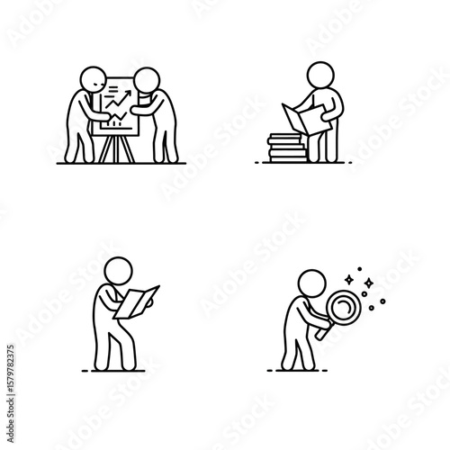 Four simple line icons depict business people engaged in analysis, research, planning, and idea generation, symbolizing various stages of a business project or workflow.