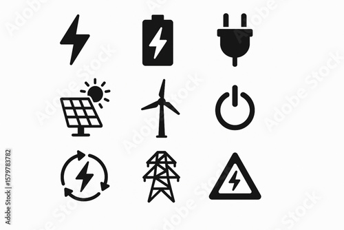 Electricity and Energy Icon Set – Black Silhouette Vector with Lightning Bolt, Battery, Plug, Solar Panel, Wind Turbine and Renewable Power Symbols