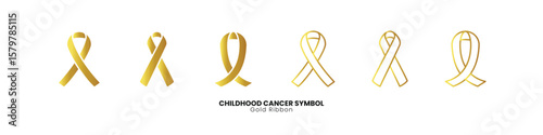 A horizontal array of diverse gold ribbon childhood cancer awareness symbols, ideal for medical and support campaigns