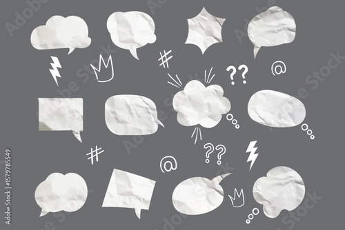 white speech bubbles cut out of crumpled paper trendy elements set. Social media clip art, modern retro vector illustration for mixed media design