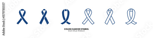 A horizontal array of diverse dark blue ribbon colon cancer awareness symbols, ideal for medical and support campaigns