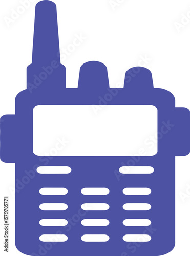 A stylized illustration of a blue walkie-talkie device, featuring a screen and antenna.