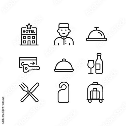 Hotel icons set vector graphics. Outline symbols. Line design