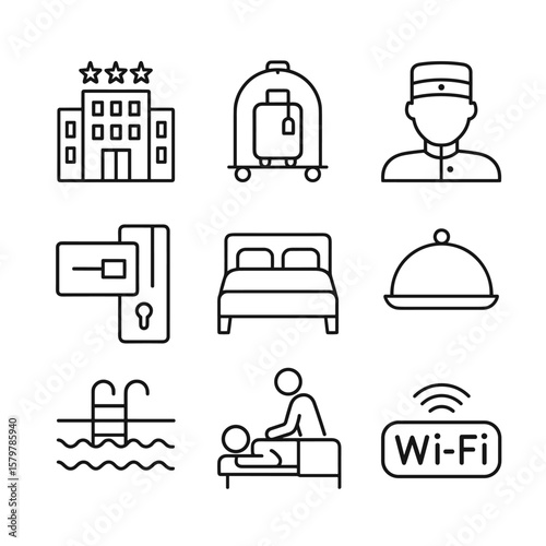 Hotel services vector icons set. Outline symbols. Line design