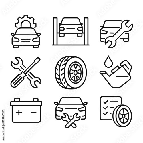Vehicle service icons set. Outline symbols. Line design