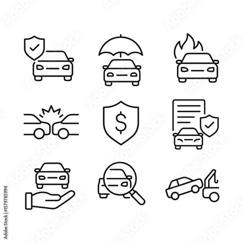 Car insurance icons vector set. Outline symbols. Line design