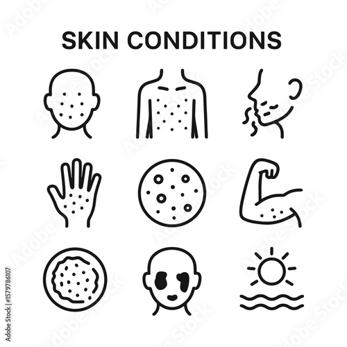 Dermatological condition icons set. Outline symbols. Line design