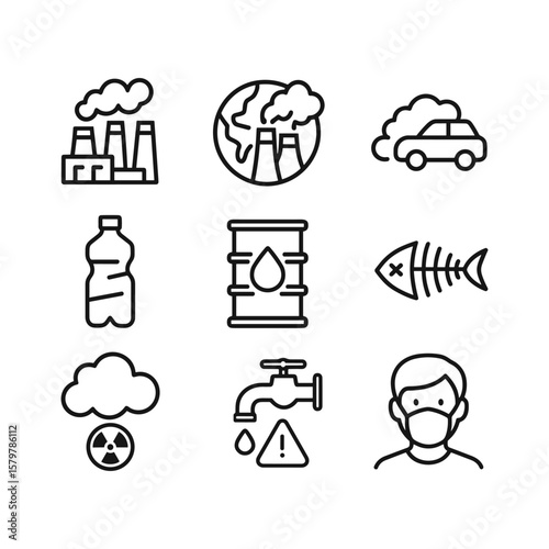Environmental pollution icons set. Outline symbols. Line design