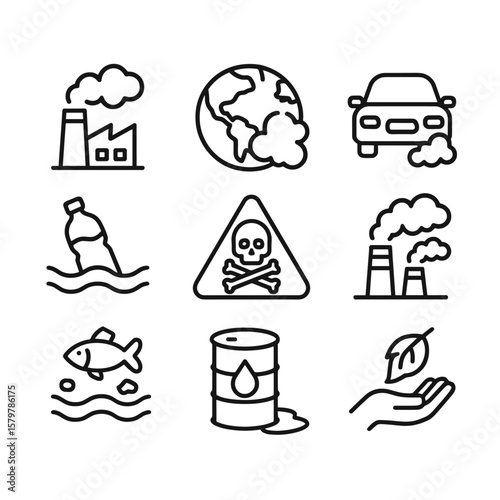 Toxic pollution environmental icons. Outline symbols. Line design