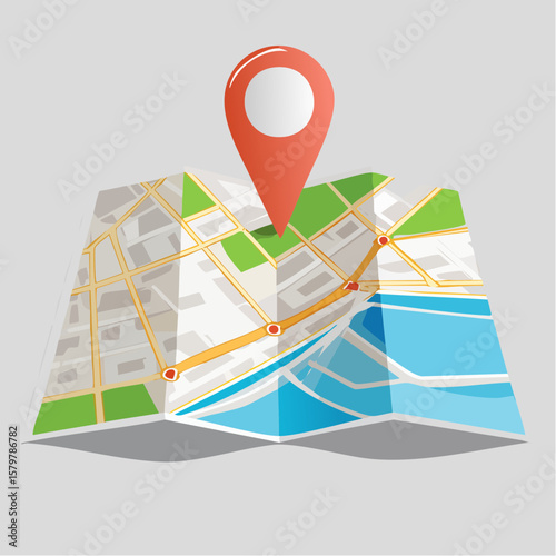 folded road trip map icon with bold dashed route and destination pin in flat vector style