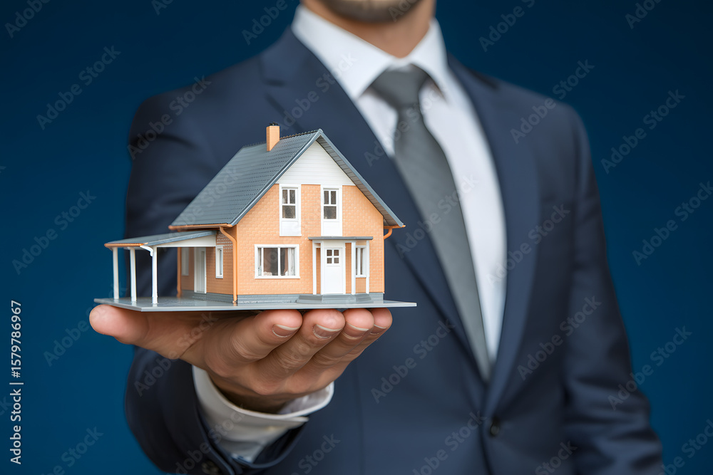 Holding a miniature house, a businessman presents a new real estate investment opportunity with care, offering a tangible dream home. Holding a miniature house, a businessman presents a new real estate investment opportunity with care, offering a tangible dream home.
