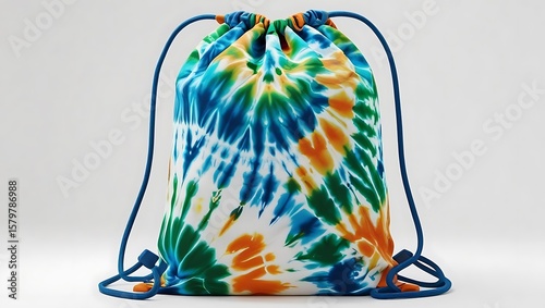 Vibrant tie dye drawstring bag with blue cords on a white background