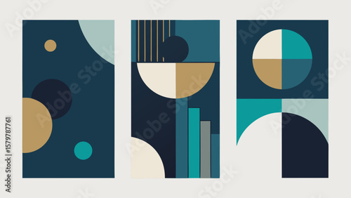 Modern abstract geometric composition with circles and arcs in teal and gold