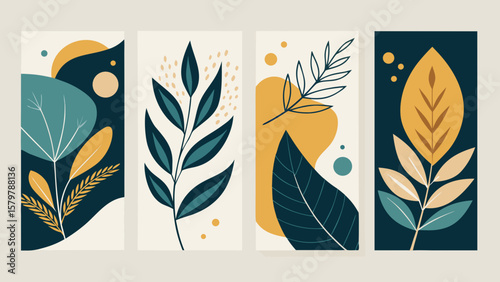 Abstract botanical illustrations with organic shapes and muted colors in a vertical panel layout