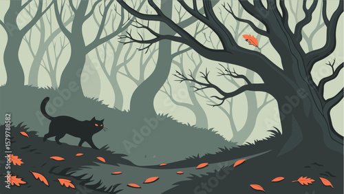 Orange Halloween sunset with a black cat silhouette on a spooky tree, vector illustration of bats flying across the moonlit night sky