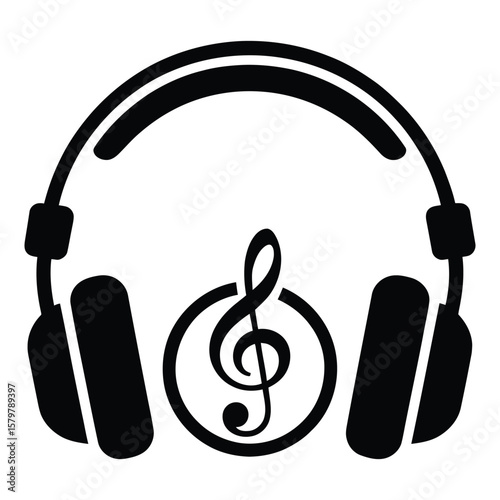 Black Headphones and Treble Clef Music Symbol on White Background