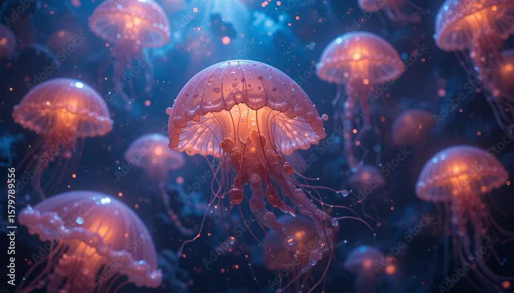 Delicate jellyfish float gracefully in the deep ocean, bioluminescent light illuminating their serene dance within the tranquil blue depths. Delicate jellyfish float gracefully in the deep ocean, bioluminescent light illuminating their serene dance within the tranquil blue depths.
