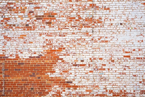Weathered brick wall with peeling white paint and exposed red bricks image