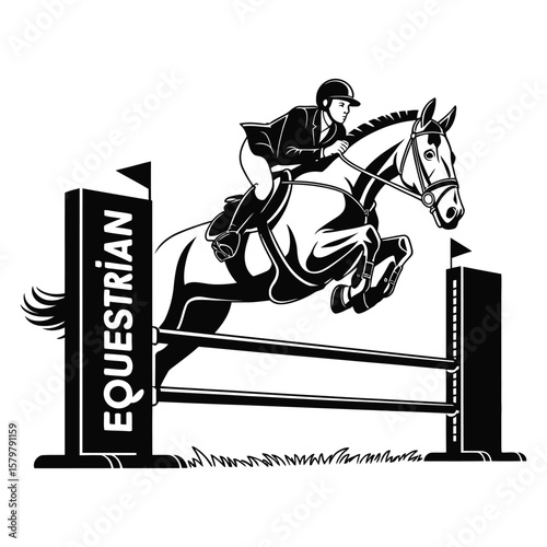 Equestrian Horse Jumping Over Obstacle Black and White