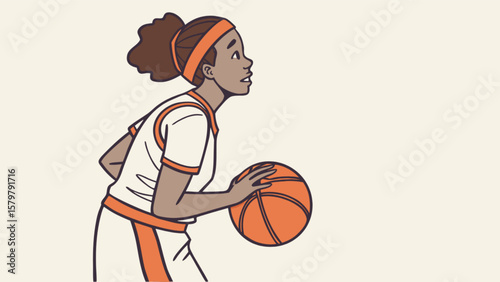 Illustration of a female basketball player dribbling ball in orange and white uniform for sports training