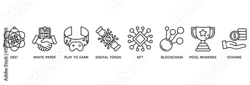 Gamefi icon set vector illustration concept relate to  defi, white paper, play to earn, digital token, nft, blockchain, pool rewards and staking