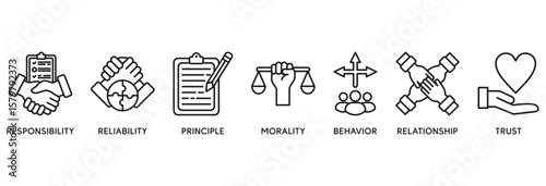 Business ethics icon set vector illustration concept relate to  web and print with an icon of responsibility, reliability, principle, morality, behavior, relationship, and trust