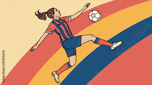 Female soccer player kicking ball illustration training for championship game vector art design style 100