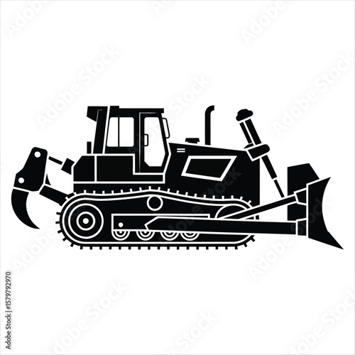 Black and White Bulldozer Illustration on White Background