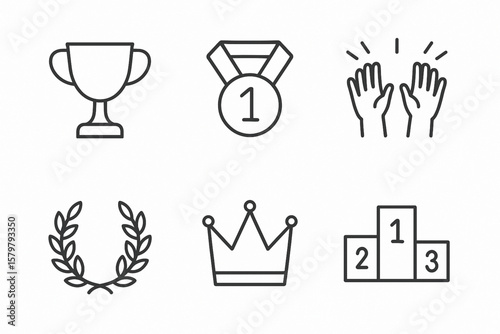 Victory and Achievement Line Icon Set – Thin Linear Vector with Trophy, Medal, Laurel Wreath, Crown, Podium and Celebration Symbols