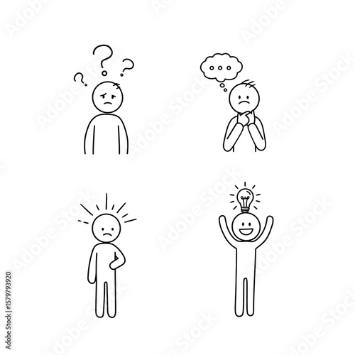 Four simple stick figures illustrate different emotional states from confusion and worry to inspiration and joy with a lightbulb idea.