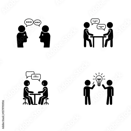 A set of black stick figure icons illustrates various forms of human interaction, including conversation, meetings, and collaborative idea sharing.