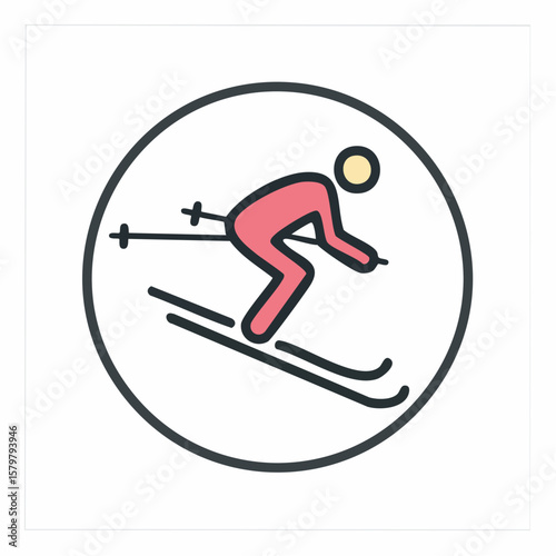 monoline skier carving icon; smooth stroke vector of winter sports athlete turning on snow, perfect for alpine branding and gear labels
