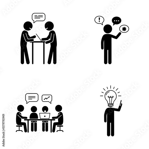Simple black pictogram icons illustrate brainstorming, teamwork, and communication in a modern business setting, ideal for presentations or websites needing visual aids to represent collaboration and