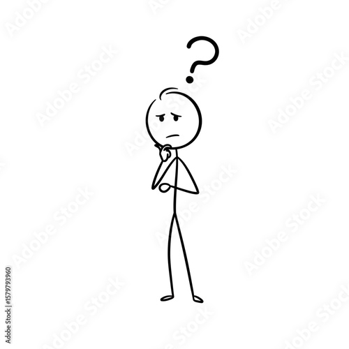 A hand-drawn stick figure stands in a pensive stance, a large question mark hovering overhead, representing contemplation on a clean white backdrop.