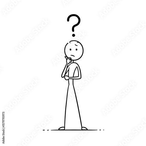 A simple stick figure thoughtfully ponders a question mark above their head, symbolizing confusion and uncertainty against a clean white backdrop.