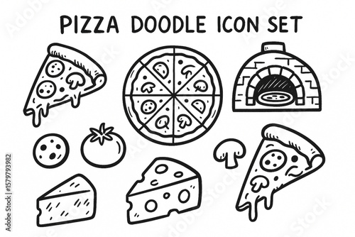 Pizza Doodle Icon Set – Hand Drawn Black and White Sketch Vector with Slice, Cheese, Tomato, Pepperoni, Mushroom and Oven Illustrations