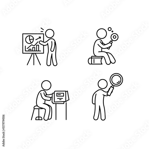 Four simple line icons illustrate business analysis, research, and data presentation, depicting small figures engaged in these activities, suitable for presentations or reports.