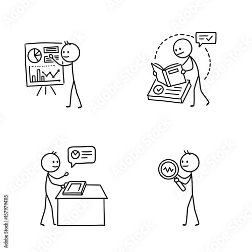 A collection of simple stick figure illustrations depicting various business activities, including presentations, reading, and analysis, all on a white background.
